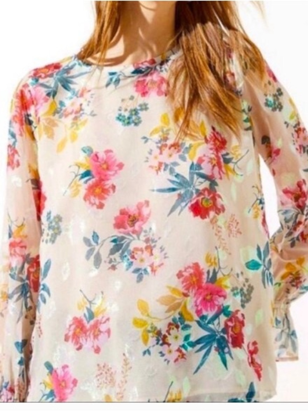 LOFT Cream Floral Crewneck Blouse with Pink & Teal Blooms